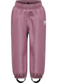 Lichte, zachtroze broek met een elastische tailleband en zwarte enkelbandjes; heeft een logo op de voorkant gedrukt. Ideaal voor sportieve kleding.