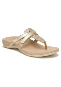 Gold metallic sandals with woven-texture straps, a cushioned beige footbed, and smooth rubber sole. Open-toe design with thong style.