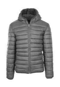 Giubbotto trapuntato grigio scuro con cappuccio e zip frontale, progettato per l'isolamento e l'uso all'aperto.