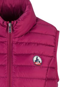 Fuchsia puffer vest with a high collar, zippered front, quilted design, and a circular logo patch featuring a figure in a seated position.