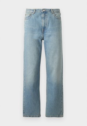 Lyseblå denimjeans med rett ben-design, som har fem lommer og knappestang i midjen.