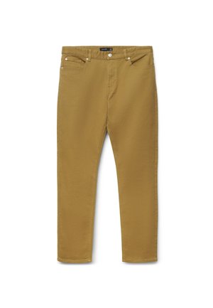 Straight-fit-Hose in Senfgelb mit seitlichen Eingrifftaschen, Gürtelschlaufen und Knopfverschluss in der Taille vor weißem Hintergrund.