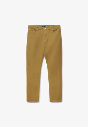Straight-fit-Hose in Senfgelb mit seitlichen Eingrifftaschen, Gürtelschlaufen und Knopfverschluss in der Taille vor weißem Hintergrund.