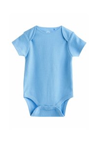 Ljusblå randig babybodysuit med korta ärmar, har tryckknappar i botten, mjuk textur och rund halsringning.