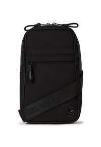 Borsa a tracolla nera in nylon con design strutturato. Presenta una tasca frontale con zip e un dettaglio con logo. Spallaccio regolabile in tessuto.