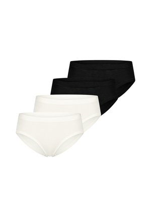 Dwie pary czarnych i dwie pary białych damskich fig ułożonych ukośnie na białym tle.