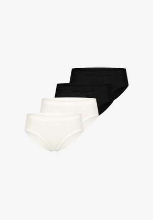 Zwei schwarze und zwei weiße Damen-Slips, diagonal auf einem weißen Hintergrund gestapelt.