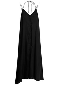 Robe maxi noire en tissu léger, présentant un décolleté en V, des bretelles fines et une ouverture à boutons sur le devant avec une silhouette fluide.