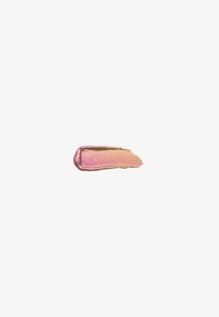 Tache de maquillage rose scintillant et doré avec une texture lisse et uniforme sur un fond blanc.