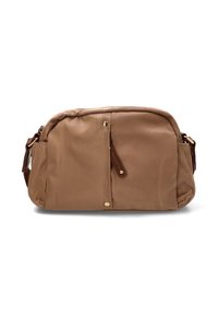 Bolsa de nailon marrón con cierre de cremallera, diseño plano, detalles en hardware dorado y un bolsillo lateral. Textura suave, forma compacta.