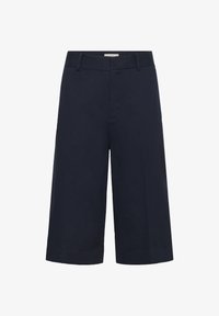 Pantalones cropped de pierna ancha en azul marino con trabillas para cinturón y cierre frontal oculto, confeccionados en tela suave.