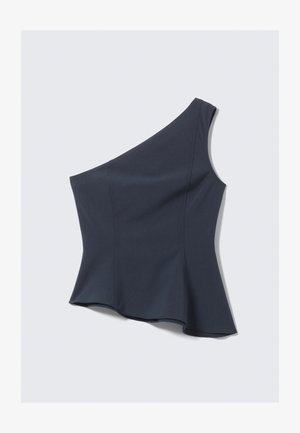 Haut bleu marine asymétrique à une épaule avec une coupe structurée, arborant un ourlet évasé et des coutures discrètes, confectionné dans un tissu lisse.