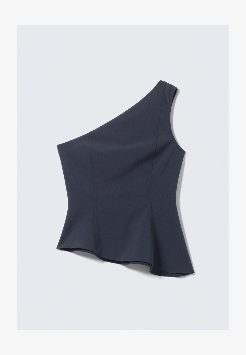 Haut bleu marine asymétrique à une épaule avec une coupe structurée, arborant un ourlet évasé et des coutures discrètes, confectionné dans un tissu lisse.