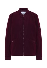 Burgundy bomber jacket with front zipper, two buttoned flap pockets, ribbed collar and cuffs, and zippered pocket on left sleeve.