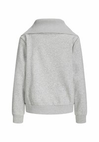 Sudadera gris con un cuello ancho, puños y dobladillo acanalados. Fabricada con un material suave, presenta una textura suave y un diseño casual. Vista trasera.