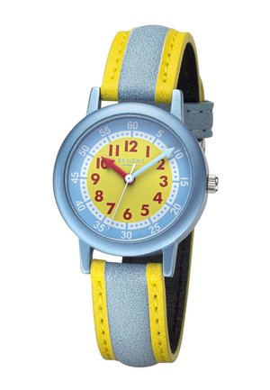 Analoge Kinderarmbanduhr mit blau-gelbem Armband, blauem Gehäuse, gelbem Zifferblatt, roten Stundenangaben sowie markanten roten Stunden- und blauen Minutenzeigern.