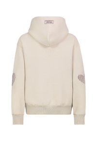 Hoodie in lichtbeige, met ribgebreide manchetten en zoom, textuur op de elleboogpatches en een label met tekst op de achterkant van de hals.