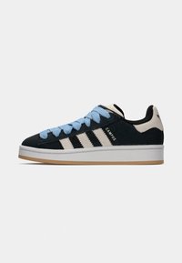 Blue-laced black suede sneaker with cream accents, three white stripes, and a rubber sole. Features a rounded toe and padded collar.