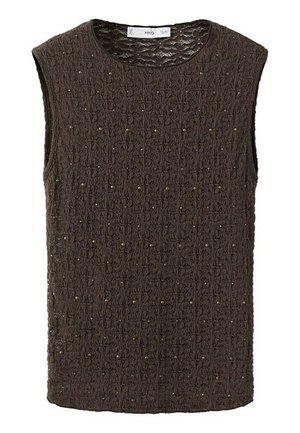 Haut sans manches en maille marron foncé avec un motif floral texturé et de petites perles métalliques incrustées partout.