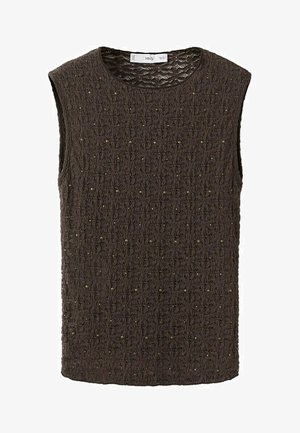 Brezrokavnik temno rjave barve, pleten z teksturiranim cvetličnim vzorcem in majhnimi kovinskimi perlicami povsod.