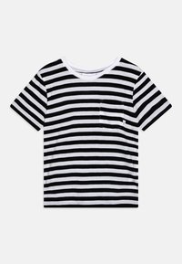 Black and white striped t-shirt with short sleeves, round neckline, and a left chest pocket; made of soft fabric.