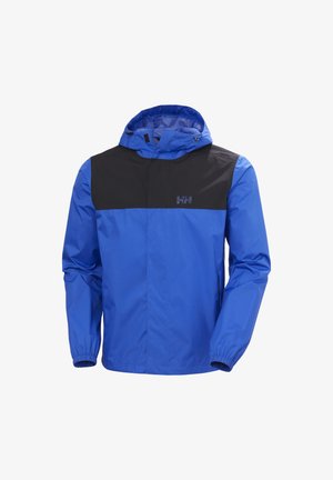 Niebieska i czarna kurtka przeciwdeszczowa z kapturem, zapinana na zamek błyskawiczny z przodu, z elastycznymi mankietami i gładkiego, lekkiego materiału. Zawiera logo na piersi.