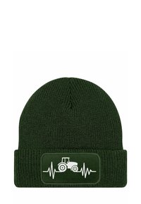Green knit beanie with a ribbed texture, featuring a rectangular patch with a white tractor and heartbeat line graphic.