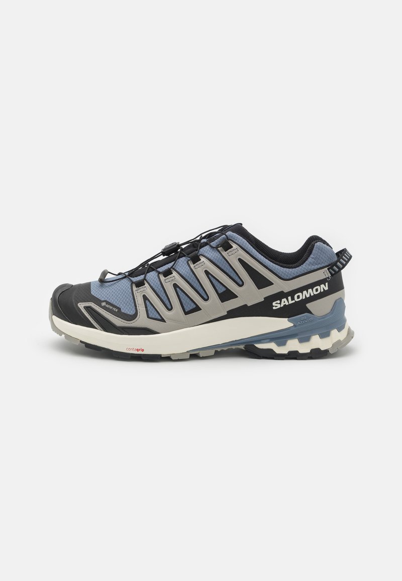 Salomon trail shoes with a blue and gray mesh upper, black rubber toe cap, and white midsole. Features a quick-lacing system and textured sole.