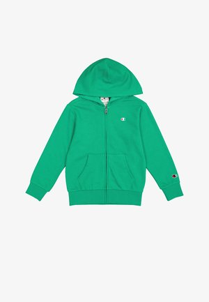 Felpa verde con zip realizzata in tessuto morbido. Presenta un grande cappuccio, tasche anteriori e polsini a costine. Accento del logo sul lato sinistro del petto e sulla manica.