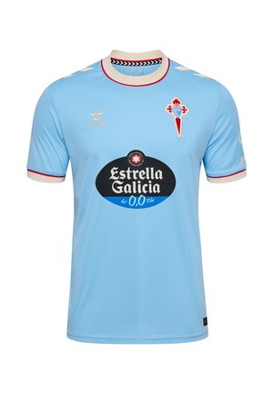 Lyseblå fodboldtrøje med korte ærmer med rød og hvid halskant, klubemblem, Hummel-logo og Estrella Galicia 0.0 sponsor på fronten.