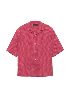 Red short-sleeve button-up shirt with white checkered pattern and camp collar, laid flat on white background.
