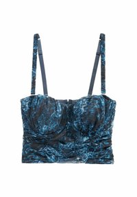 Top croppato con stampa animale blu e nera, con arricciature, coppe imbottite e spalline sottili; realizzato in tessuto leggero e testurizzato.