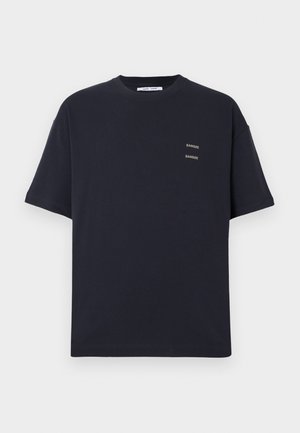 Navy cotton t-shirt with a crew neck and short sleeves. Features small text logo design in contrasting color on the left chest.