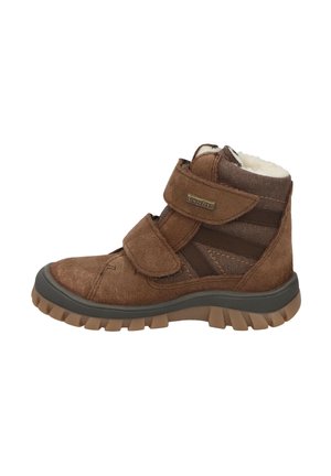Brown suede boots with a textured upper, Velcro straps, and a rubber sole. Features a soft lining and rugged tread for traction.