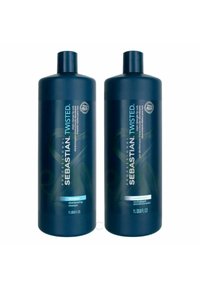 Two dark blue bottles of Sebastian Twisted shampoo and conditioner, both 1 L, featuring labels with white and light blue text.