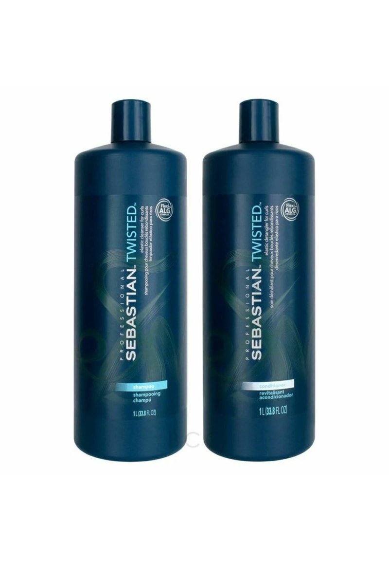 Two dark blue bottles of Sebastian Twisted shampoo and conditioner, both 1 L, featuring labels with white and light blue text.