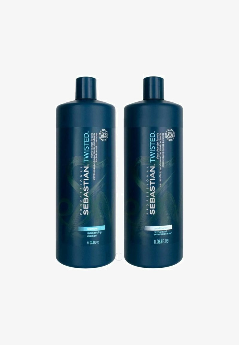 Two dark blue bottles of Sebastian Twisted shampoo and conditioner, both 1 L, featuring labels with white and light blue text.