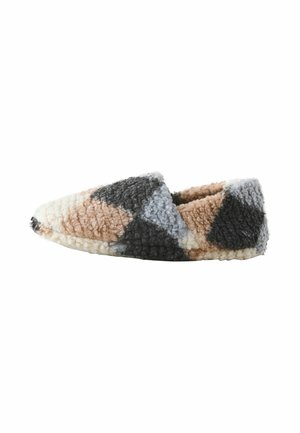 Fuzzy slipper in beige, gray, and brown with a geometric pattern. Soft material, pointed toe, and a textured exterior. No visible hardware.