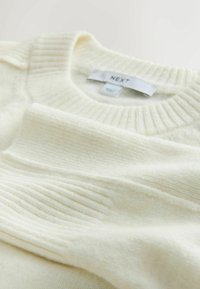 Cremefarbener Strickpullover mit gerippter Textur, Rundhalsausschnitt und dem Etikett "NEXT" auf dem Innenetikett sichtbar.