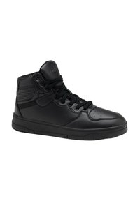 Baskets montantes noires en cuir synthétique lisse avec des accents à motifs, bout rond et lacets noirs. Semelle en caoutchouc pour une meilleure adhérence.