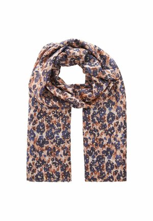 Lichtgewicht sjaal met abstract bloemenpatroon in marineblauw, bruin, beige en geel, losjes in een lus gewikkeld met uiteinden die naar beneden hangen.