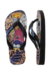 Tongs pour enfants avec brides noires, imprimé coloré du dessin animé Teen Titans Go! avec des personnages et des parts de pizza, marque Havaianas.