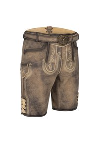Shorts en cuir marron avec broderies décoratives, une ceinture et des poches latérales. La surface texturée présente une finition usée et des détails.