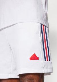 Shorts sportivi bianchi con righe rosse e blu lungo i lati e un logo rosso testurizzato sulla gamba sinistra. Materiale in cotone morbido.