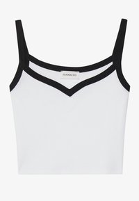 Débardeur blanc court avec accents noirs, doté de bretelles étroites et d'un col en V. Confectionné en matière côtelée. Étiquette de marque visible.