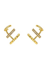 Pendientes de oro con un diseño geométrico de textura suave, adornados con cristales transparentes y un patrón detallado en la base.