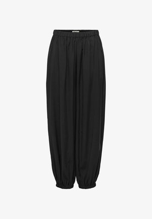 Pantaloni negri, lejeri, cu talie elastică și tivuri elastice adunate la glezne.