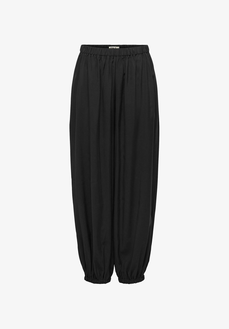 Pantalon noir ample avec taille élastique et bas de jambes élastiqués et froncés aux chevilles.