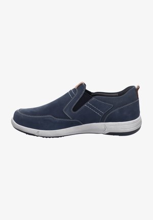 Chaussures slip-on bleu marine avec tige en cuir, panneaux latéraux élastiques, surpiqûres contrastées et semelle extérieure en caoutchouc texturé pour l'adhérence.