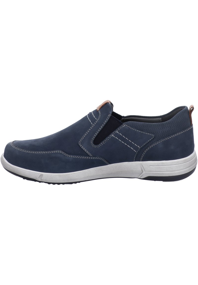 Mørkeblå slip-on sko med læderoverdel, elastiske sidepaneler, kontrastsyninger og en tekstureret gummisål for godt greb.